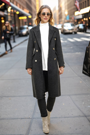Black Peak Lapel Double Breasted Slim Fit Long Women Coat